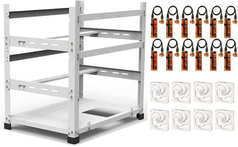 AAAwave 12GPU The Sluice V2 Mining Frame (White) and PCIe Riser V011 Pro (12pcs) with 8 pack of P12 PWM 120 mm Fans (White)