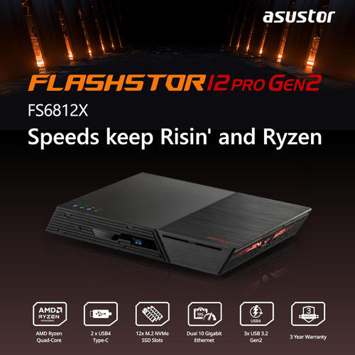 Asustor Flashstor 12 Pro Gen 2 12 Bay NAS, Quad-Core 2.3GHz CPU, 16GB ECC RAM DDR5,12xM.2 SSD Slots (Diskless) FS6812X
