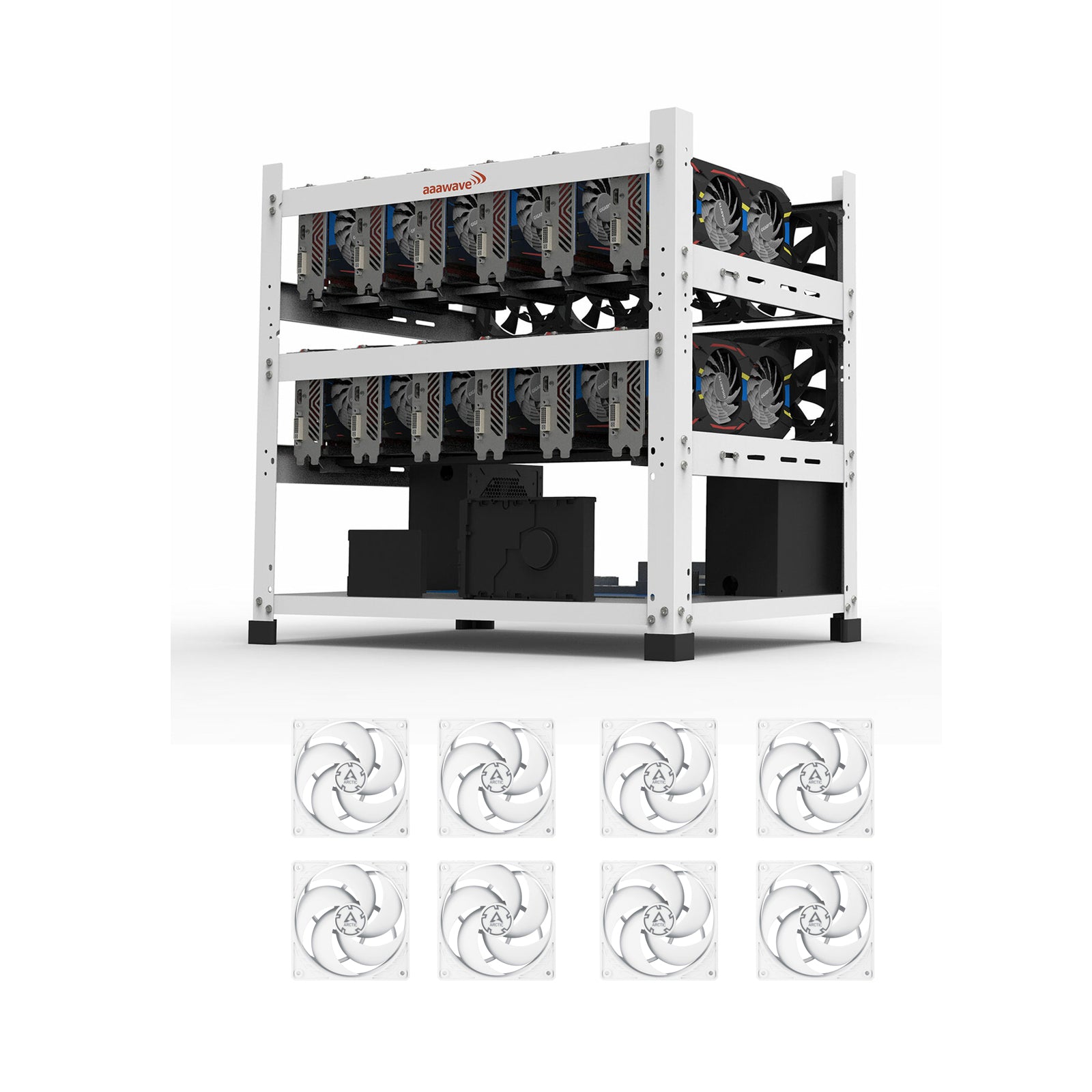 AAAwave 12GPU Open Frame Mining Rig Frame Chassis (White) with 8 packs of P12 PWM 120 mm Fans (White)