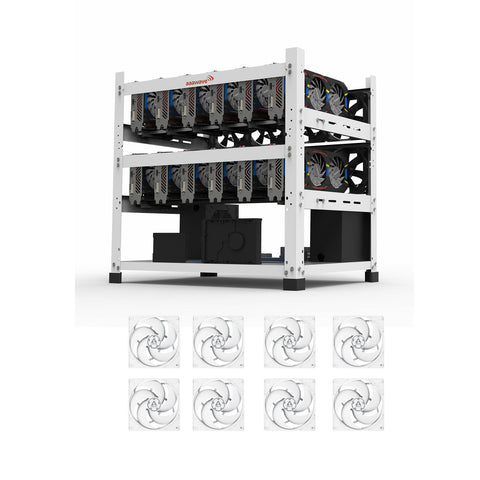 AAAwave 12GPU Open Frame Mining Rig Frame Chassis (White) with 8 packs of P12 PWM 120 mm Fans (White)