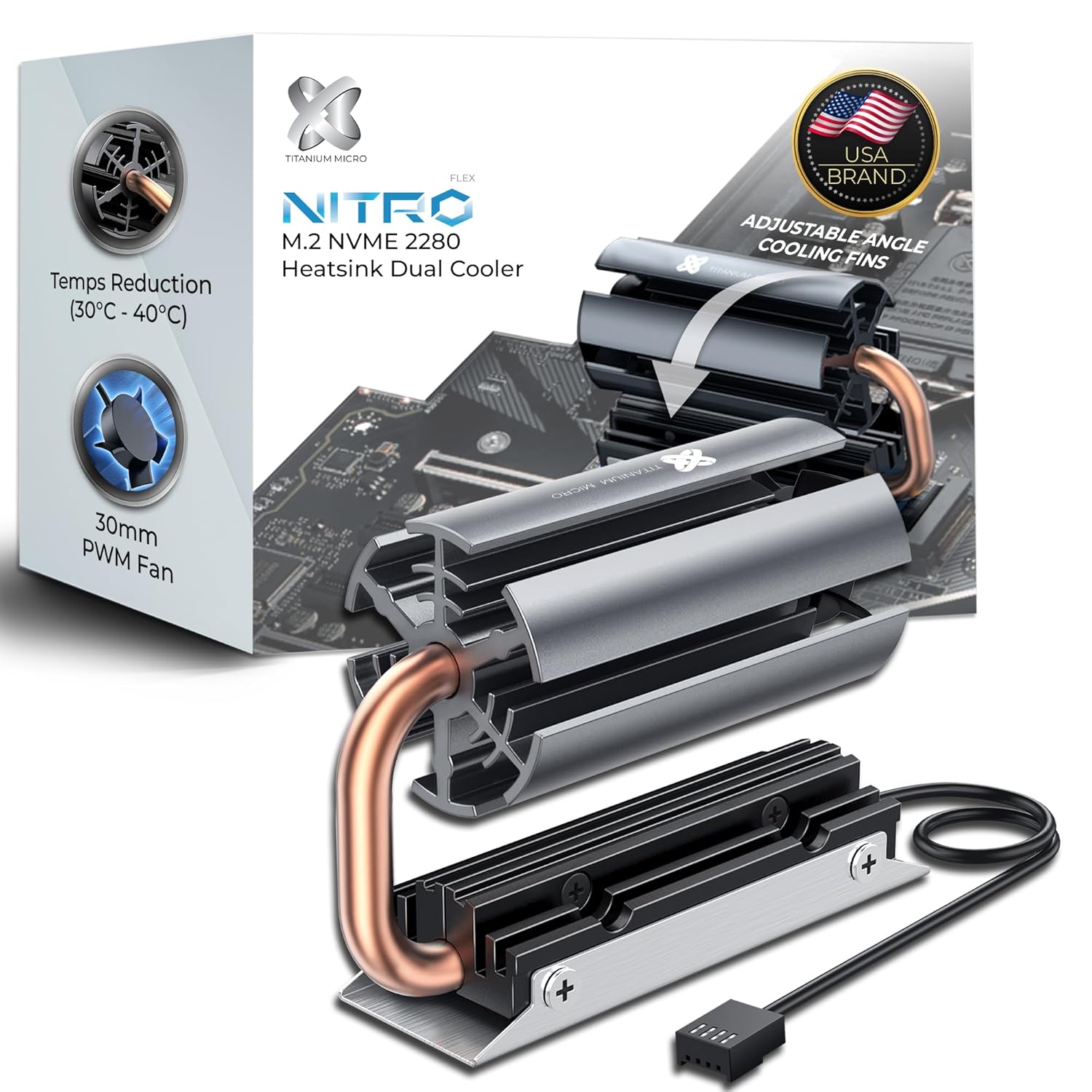 Titanium Micro Nitro Flex M.2 SSD M.2 2280 SSD Rocket Heatsink Built-in 30mm PWM Cooling Fan TMHSFM9NITROFLEX