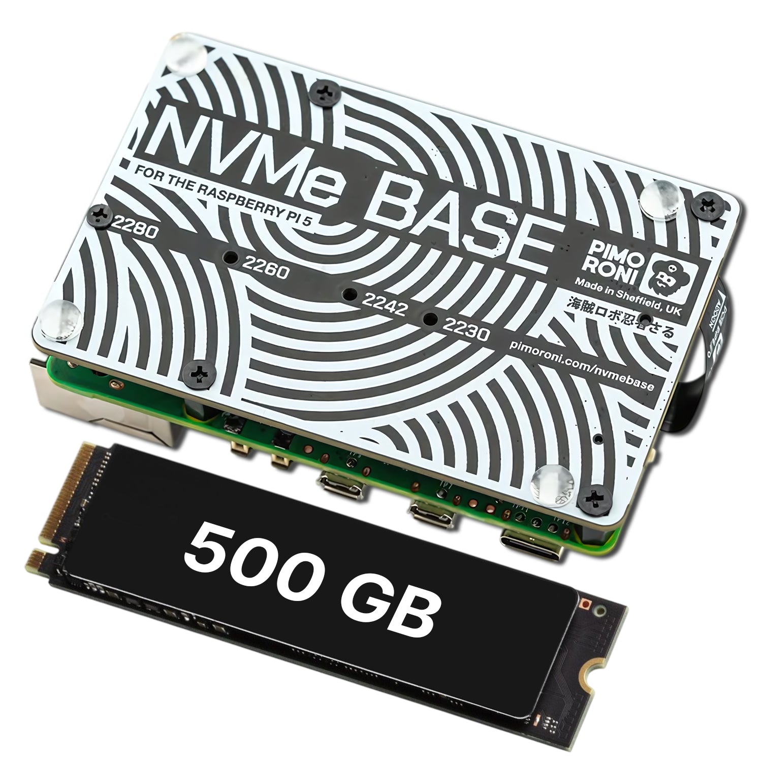 Pimoroni NVMe Base M.2 HAT PCIe Extension w/ 512 GB M.2 2280 Internal Solid State Drive SSD