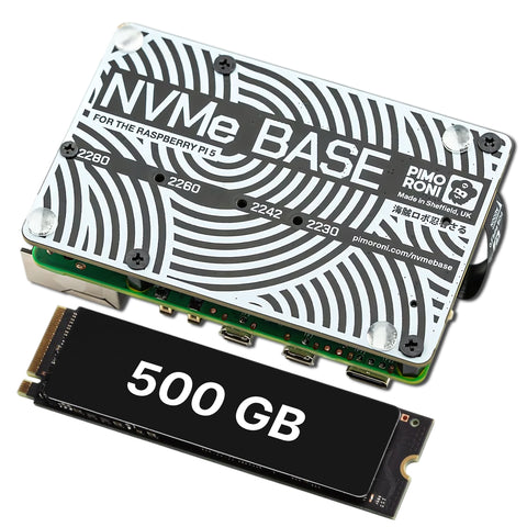 Pimoroni NVMe Base M.2 HAT PCIe Extension w/ 512 GB M.2 2280 Internal Solid State Drive SSD