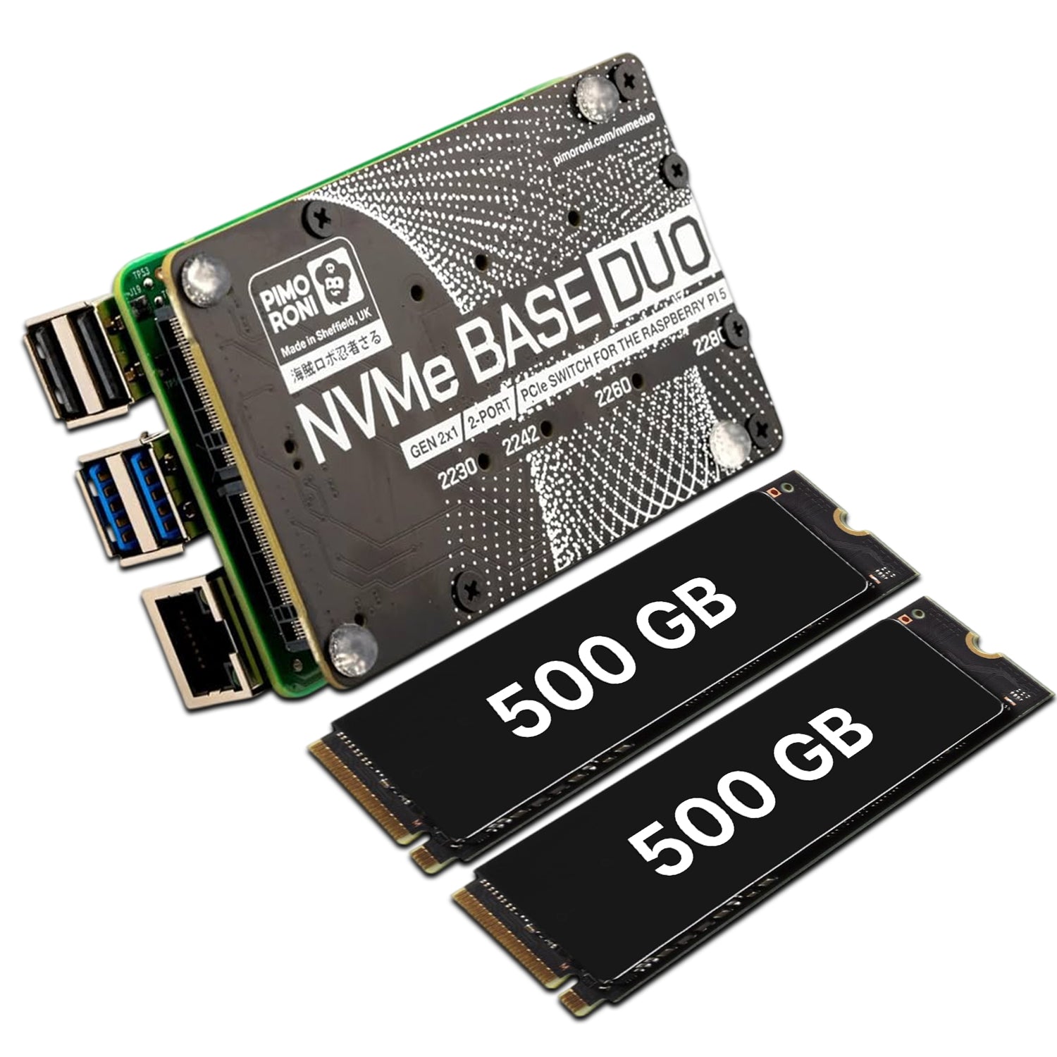 Pimoroni NVMe Base Duo M.2 HAT PCIe Extension w/ (2-Pack) of 500 GB M.2 2280 Internal Solid State Drive SSD