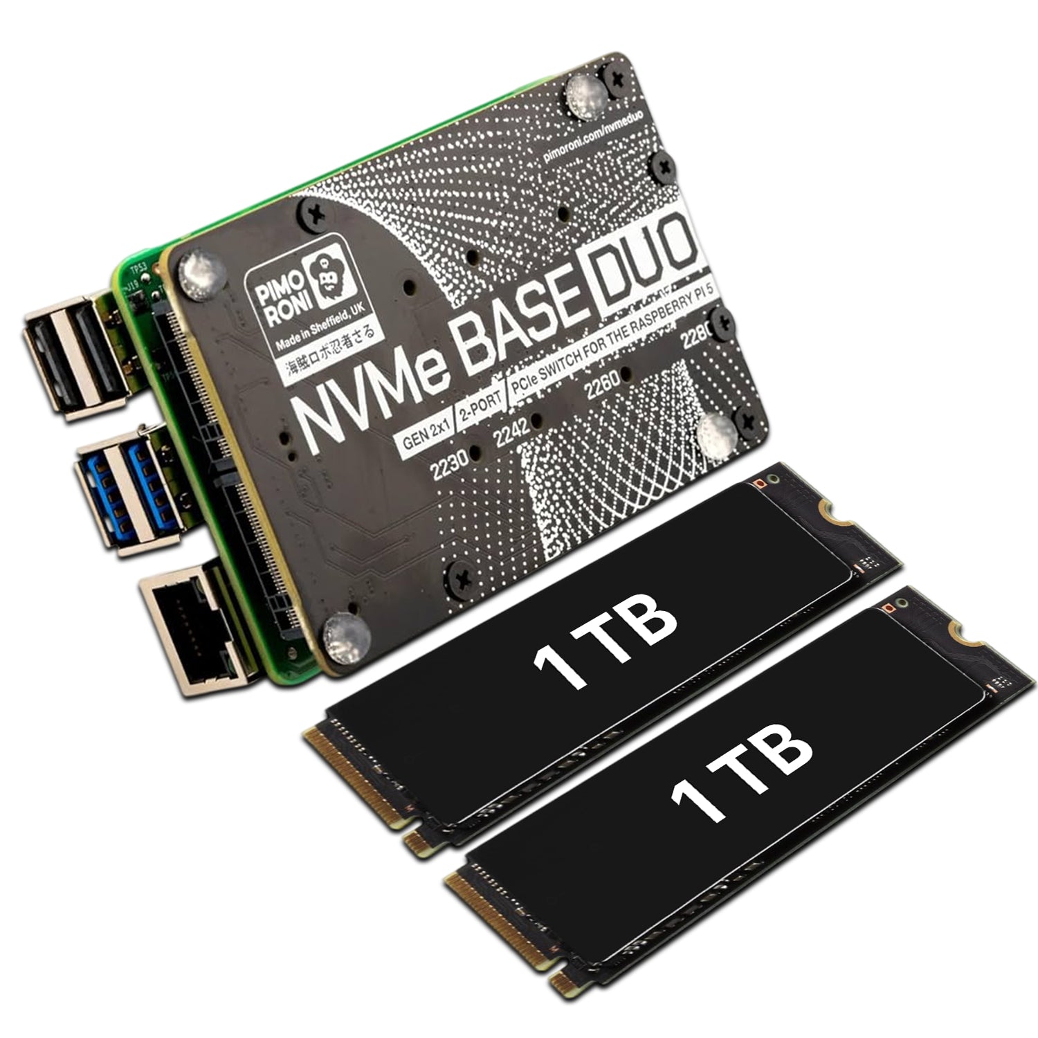 Pimoroni NVMe Base Duo M.2 HAT PCIe Extension w/ (2-Pack) of 1 TB M.2 2280 Internal Solid State Drive SSD
