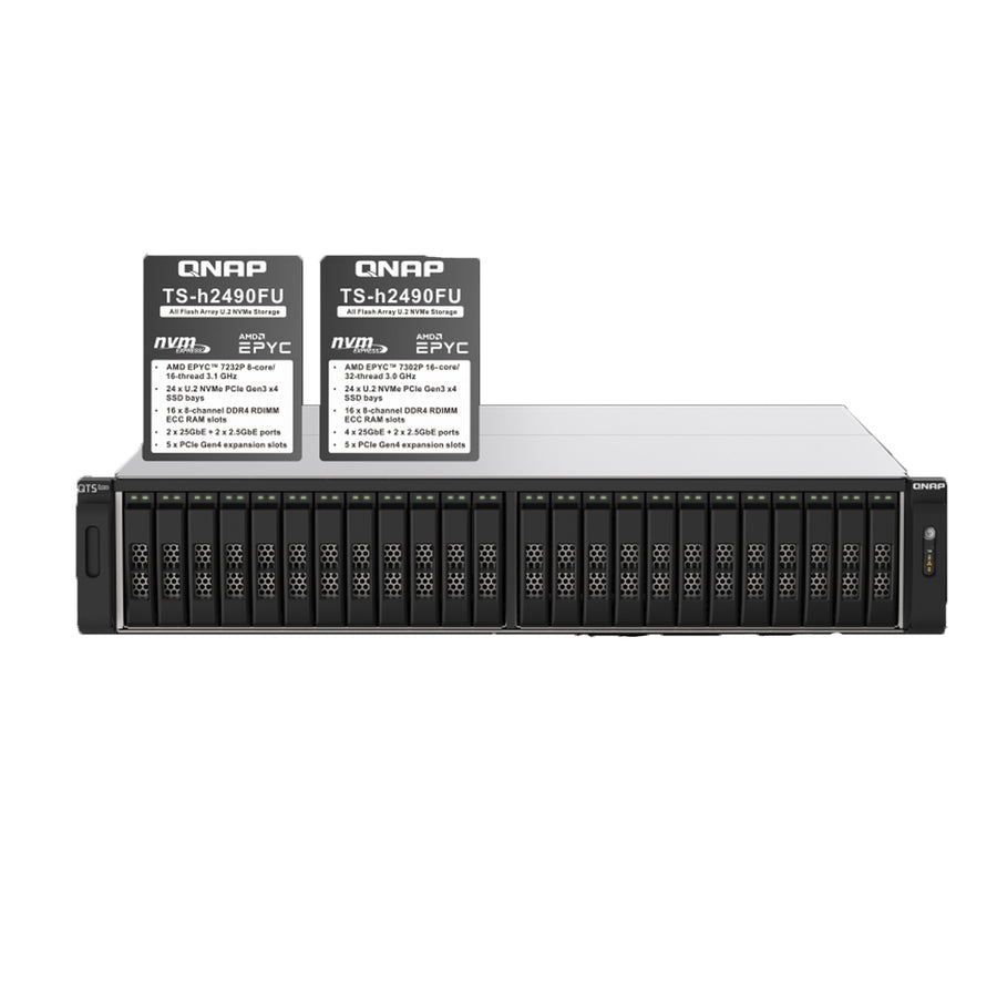 QNAP TS-H2490FU 64G 24-Bay all-flash NAS, NVMe Gen3 x4, AMD EPYC 7302P 3.0GHz, 128GB RAM, 2 x 2.5GbE LAN