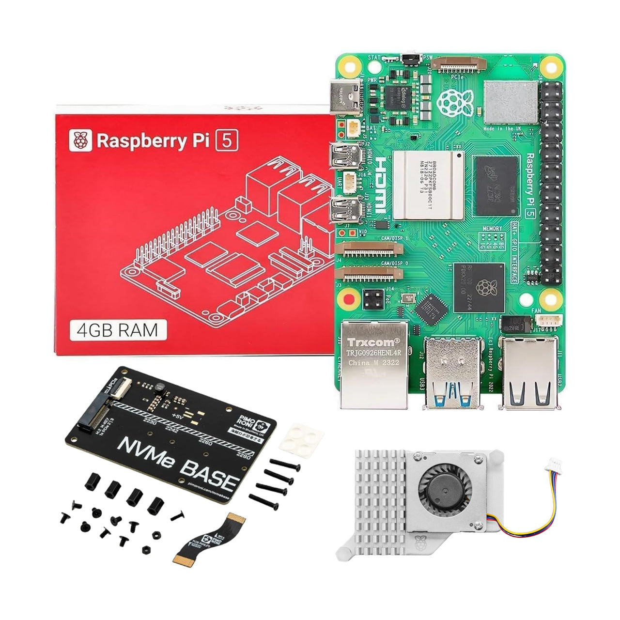 Raspberry Pi 5 4GB Single Board Kit w/ NVMe Base M.2 HAT PCIe Extension and Active Cooler