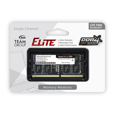 TEAMGROUP Elite DDR4 32GB Single 3200MHz PC4-25600 CL22 Non-ECC 1.2V SODIMM for Laptop, Notebook TED432G3200C22-S01