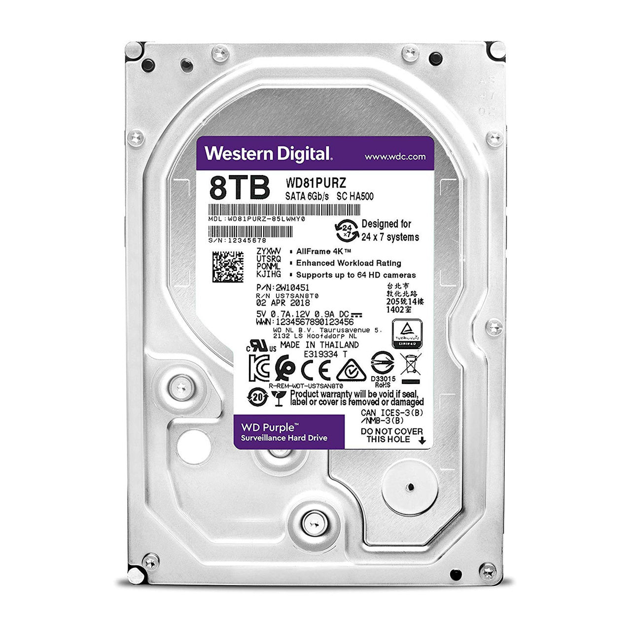 WD WD81PURZ Purple 8TB Surveillance 5400 RPM SATA 6 GB/S 256MB 3.5" Internal Hard Drive