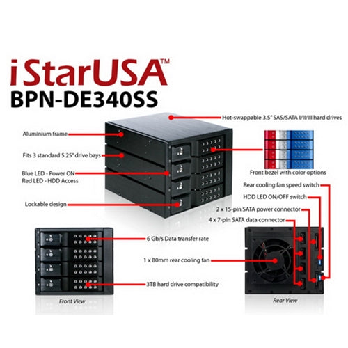 iStarUSA BPN-DE340SS-BLACK 3x5.25 to 4x3.5 SAS Trayless Hot-Swap Black
