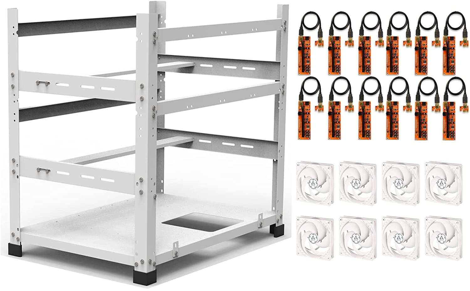 AAAwave 12GPU The Sluice V2 Mining Frame (White) and PCIe Riser V011 Pro (12pcs) with  8 pack of  P12 PWM 120 mm Fans (White)