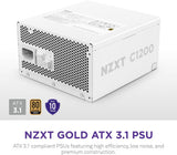 NZXT PA-2G2BW-US C1200 Gold ATX 3.1 Fully Modular Low-Noise PC Gaming Power Supply 1200 Watts Zero Fan Mode - White