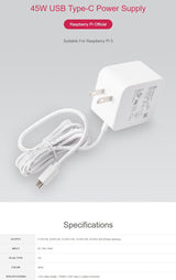 Raspberry Pi SC1731 Accessories Power adapter Pi5 official, Original 45W USB-C Power Supply - White (US)