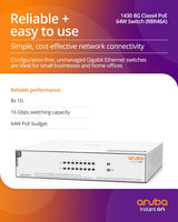 HPE Networking Instant On 1430 8-Port Gb Unmanaged Layer 2 Ethernet Switch with PoE | 8X CL4 PoE (64W) | Fan-Less | US Cord | R8R46A#ABA