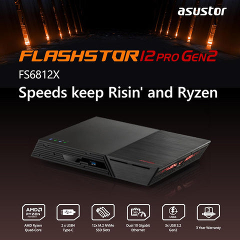 Asustor Flashstor 12 Pro Gen 2 12 Bay NAS, Quad-Core 2.3GHz CPU, 16GB ECC RAM DDR5,12xM.2 SSD Slots (Diskless) FS6812X