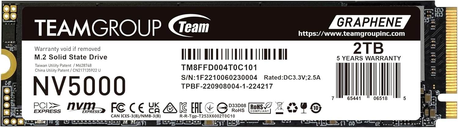 TEAMGROUP TM8FGM002T0C101 NV5000 2TB SLC Cache NVMe PCIe Gen4x4 M.2 2280 Laptop, Desktop SSD Read Speed up to 5000 MB/s