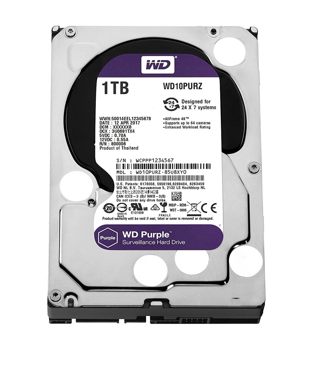 WD Purple 1TB Surveillance Hard Disk Drive - 5400 RPM Class SATA 6 Gb/s 64MB Cache 3.5 Inch - WD10PURZ …