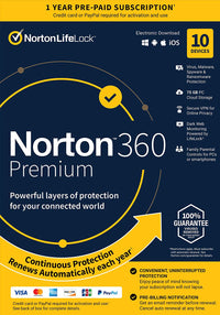 Norton 21389946 360 Premium 10 Devices Antivirus software with Auto Renewal - Includes VPN, PC Cloud Backup & Dark Web Monitoring powered by LifeLock [Key card]