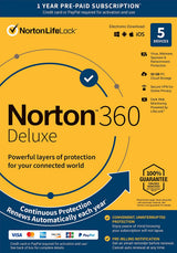 Norton 21389902 360 Deluxe 5 Devices Antivirus software with Auto Renewal - Includes VPN, PC Cloud Backup & Dark Web Monitoring powered by LifeLock [Key Card]