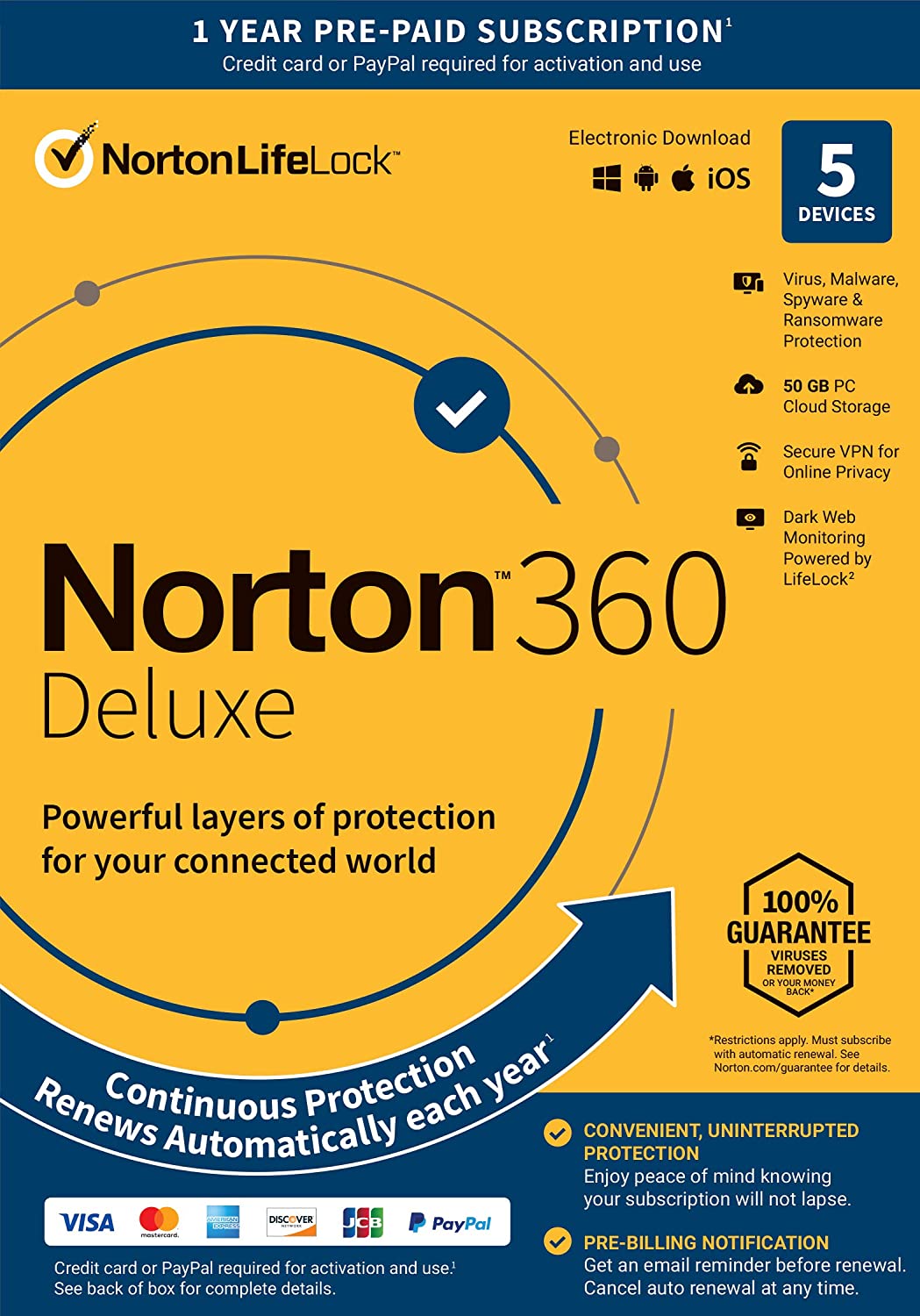 Norton 21389902 360 Deluxe 5 Devices Antivirus software with Auto Renewal - Includes VPN, PC Cloud Backup & Dark Web Monitoring powered by LifeLock [Key Card]