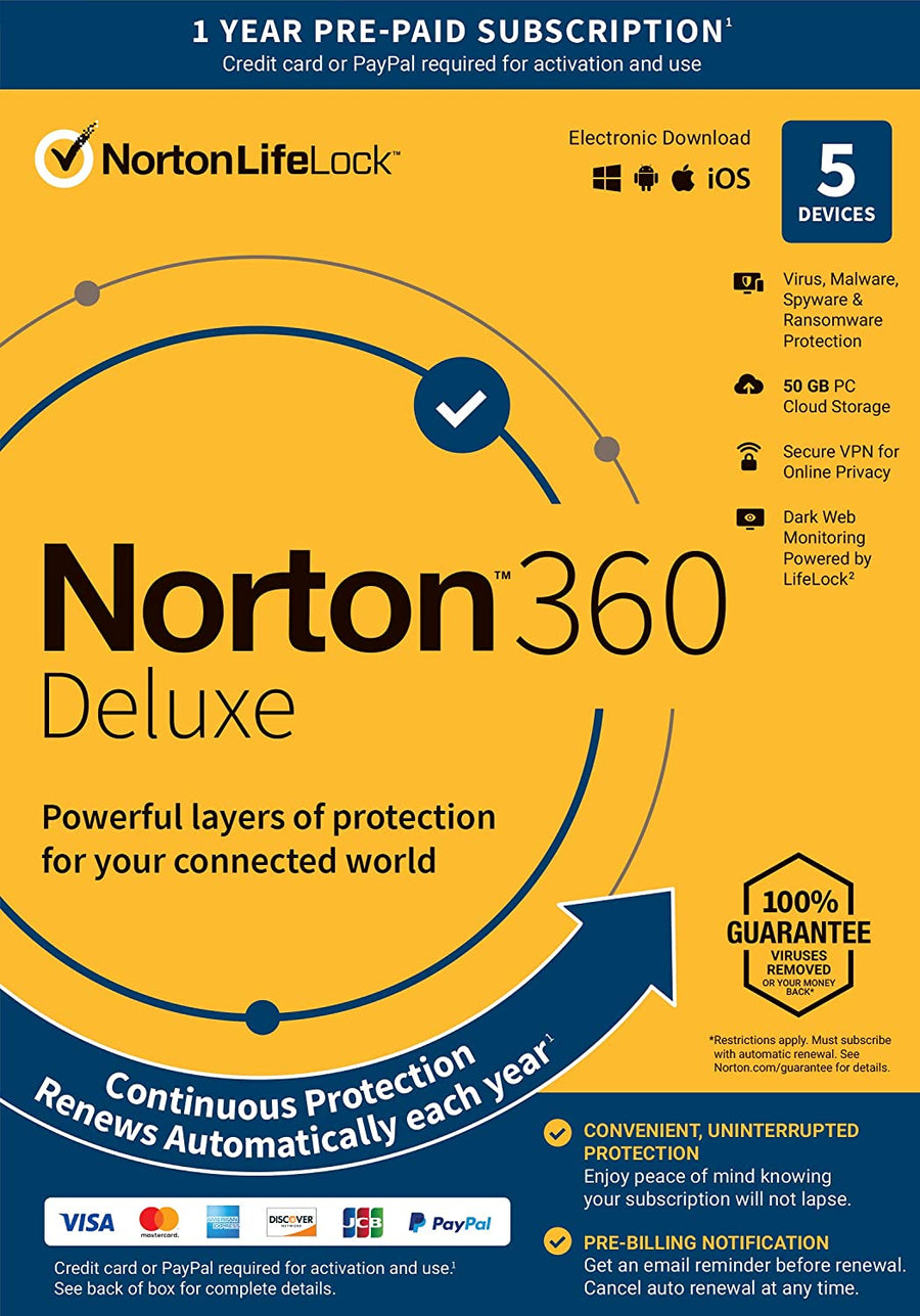 Norton 21389902 360 Deluxe 5 Devices Antivirus software with Auto Renewal - Includes VPN, PC Cloud Backup & Dark Web Monitoring powered by LifeLock [Key Card]