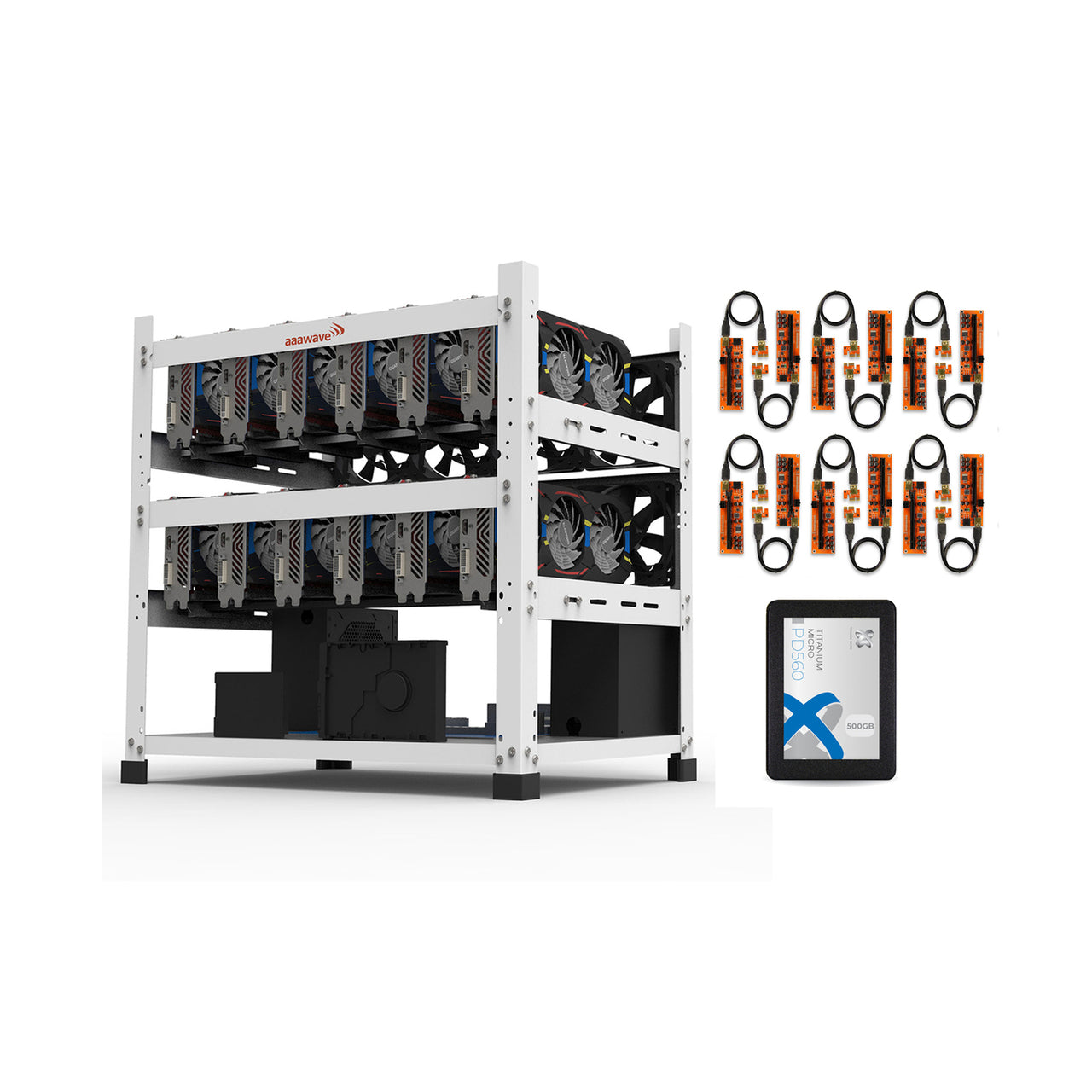 AAAwave 12GPU Mining Rig Frame (white) and 12 x AAAwave PCIe Riser V011 Pro and Titanium Micro PD560 500GB Internal SSD