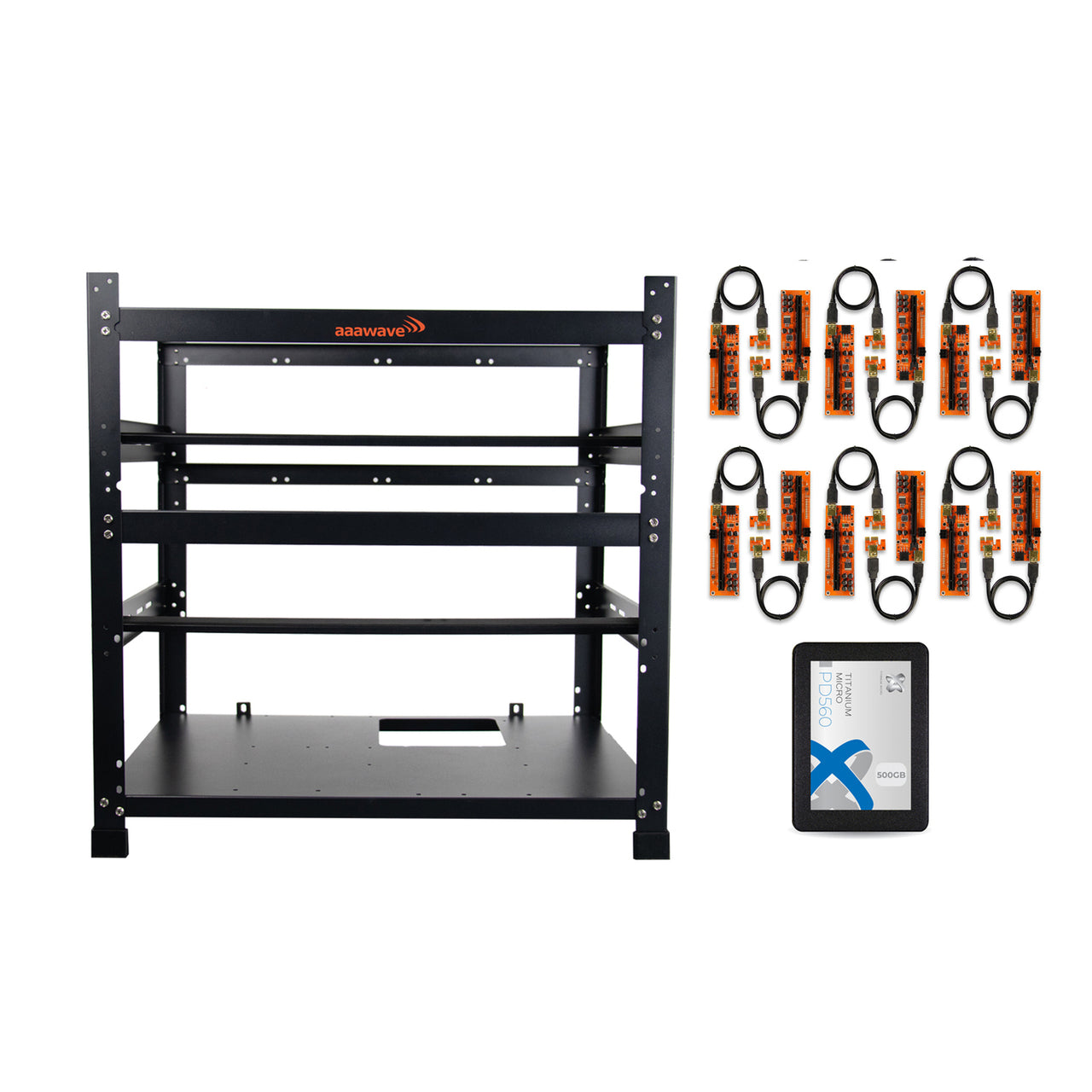 AAAwave 12GPU Mining Rig Frame and 12 x AAAwave PCIe Riser V011 Pro and Titanium Micro PD560 500GB Internal SSD