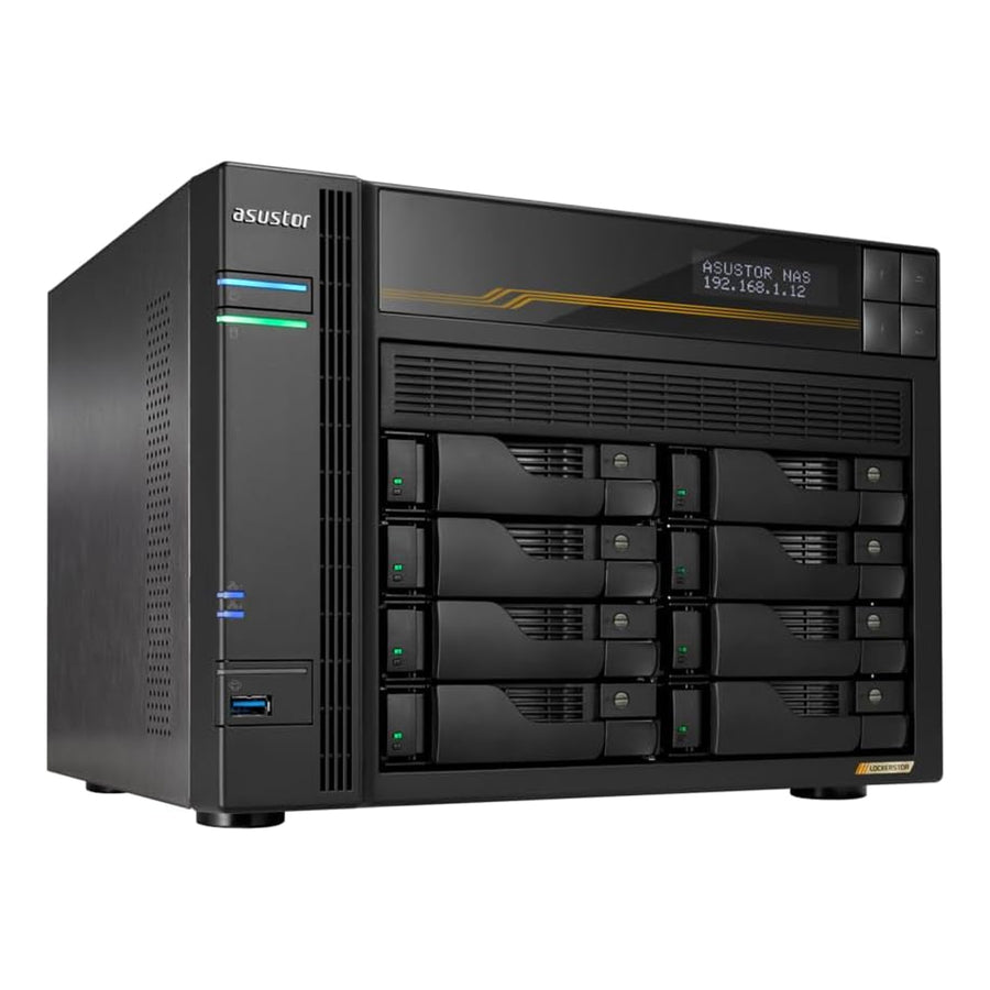 Asustor Lockerstor 8 Gen3 8 Bay NAS, Quad-Core 2.3GHz CPU,2x 10GbE Ports,16G ECC DDR5,4x M.2 SSD Slots (Diskless) AS6808T
