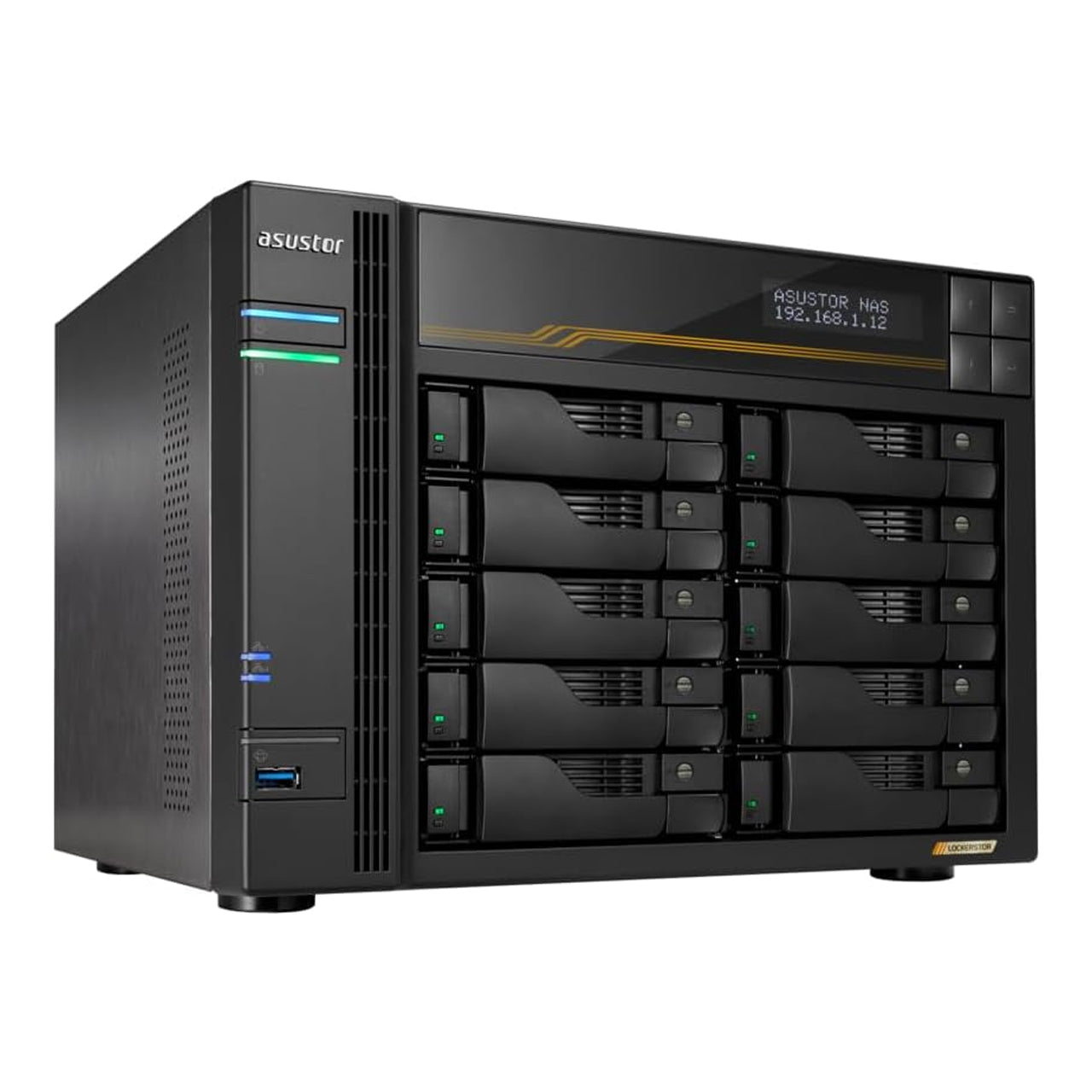 Asustor Lockerstor 10 Gen3 10 Bay NAS, Quad-Core 2.3GHz CPU, 2x10GbE Ports,16G ECC DDR5, 4x M.2 SSD Slots (Diskless) AS6810T