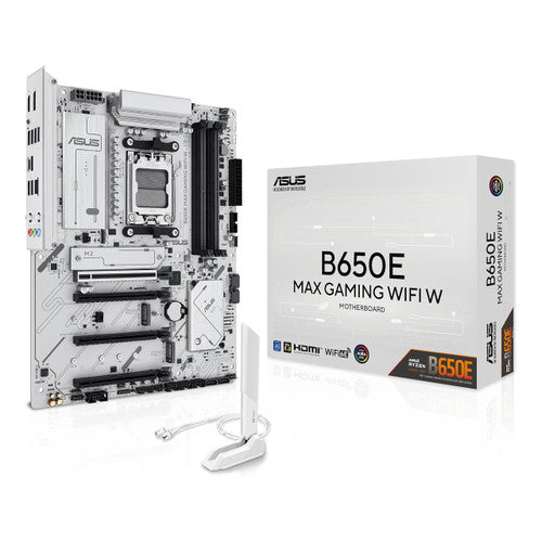 ASUS B650E MAX GAMING WIFI W AM5 ATX Motherboard, White PCB, DDR5, PCIe 5.0, 3X M.2, Wi-Fi 6E, Aura Sync, Advanced AI PC