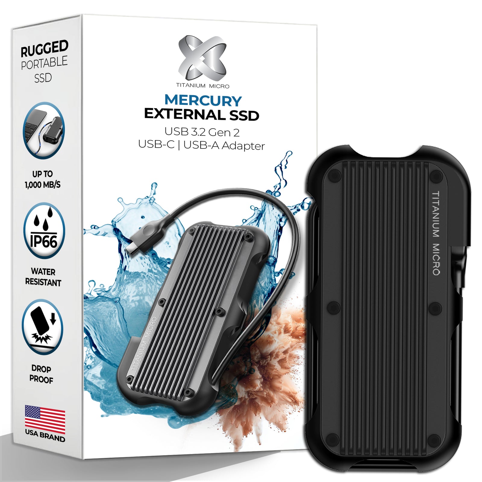 Titanium Micro Mercury 4TB Portable Aluminum SSD Up to 1000MB/S NVMe USB 3.1 IP66 water dust resistant for PC Mac Android and Game Console