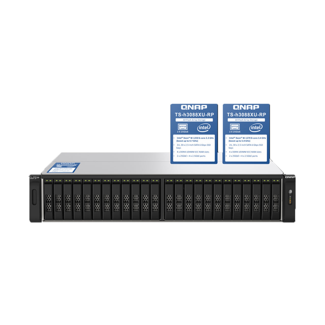 QNAP TS-H3088XU-RP 2U 30-bay 2.5" SATA 6Gbps all-flash NAS, Intel Xeon W-1270 8-core 3.4 GHz ,64GB DDR4 ECC TS-H3088XU-RP-W1270-64G-US