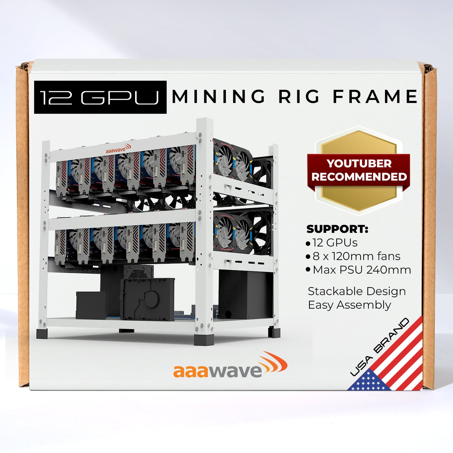 12GPU Mining Rig Frame - The Sluice V2 Steel Open Frame Mining Rig Case, Stackable Chassis for Crypto Coin Currency - Frame Only (White) AAAIRMC12WH