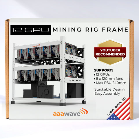12GPU Mining Rig Frame - The Sluice V2 Steel Open Frame Mining Rig Case, Stackable Chassis for Crypto Coin Currency - Frame Only (White) AAAIRMC12WH