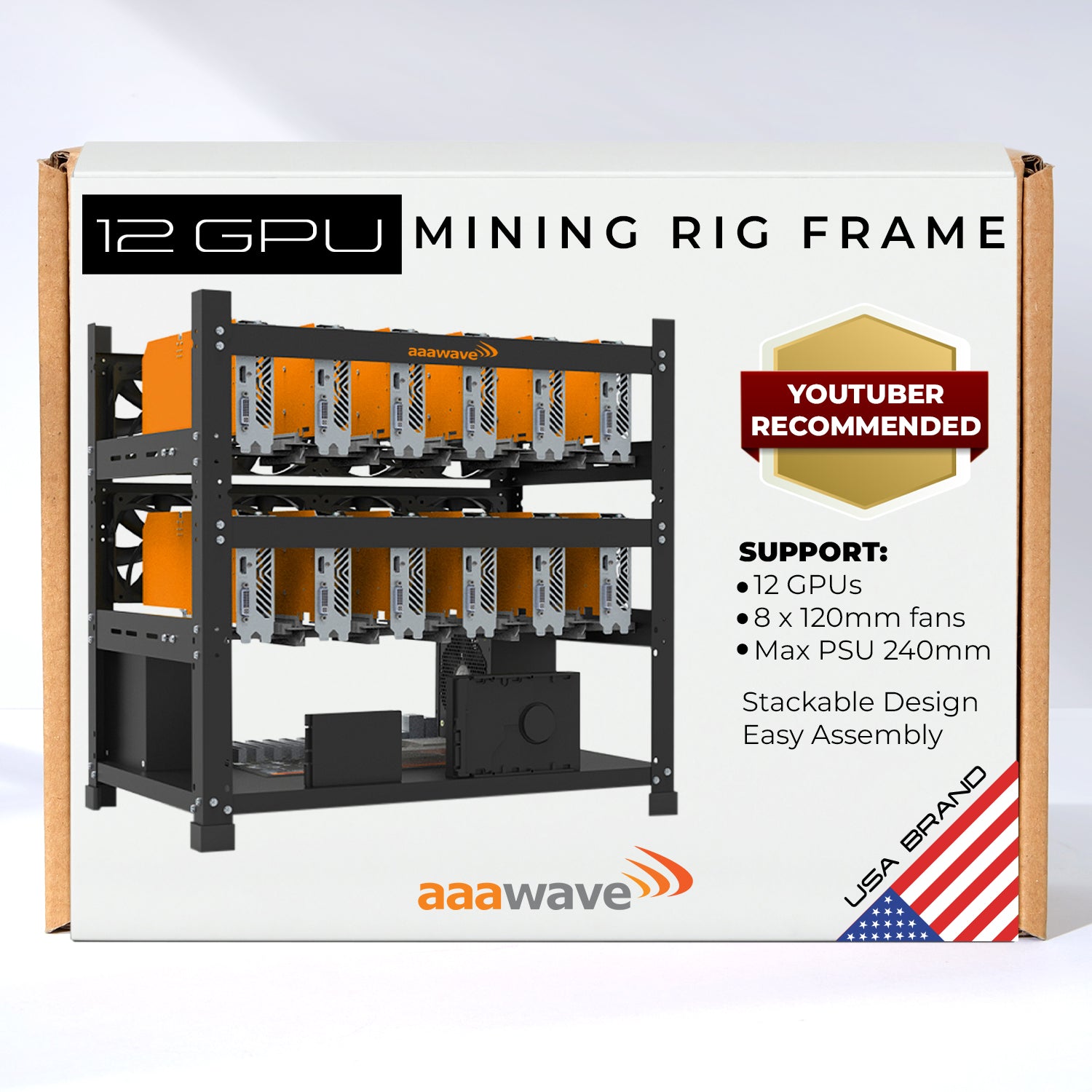 12GPU Mining Rig Frame - The Sluice V2 Steel Open Frame Mining Rig Case, Stackable Chassis for Crypto Coin Currency - Frame Only (Black) AAAIRMC12