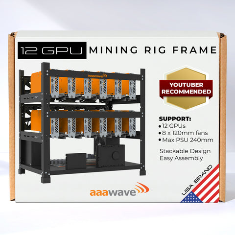 12GPU Mining Rig Frame - The Sluice V2 Steel Open Frame Mining Rig Case, Stackable Chassis for Crypto Coin Currency - Frame Only (Black) AAAIRMC12