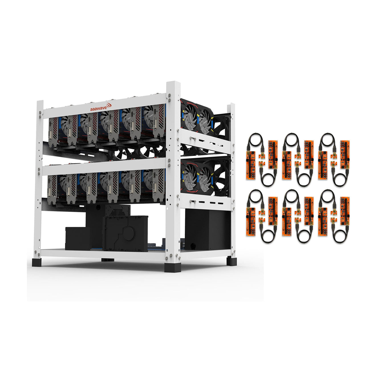 AAAwave 12GPU Mining Rig Frame (White) and 12 x AAAwave PCIe Riser V011Pro 1x to 16x Graphic Extension for GPU Mining