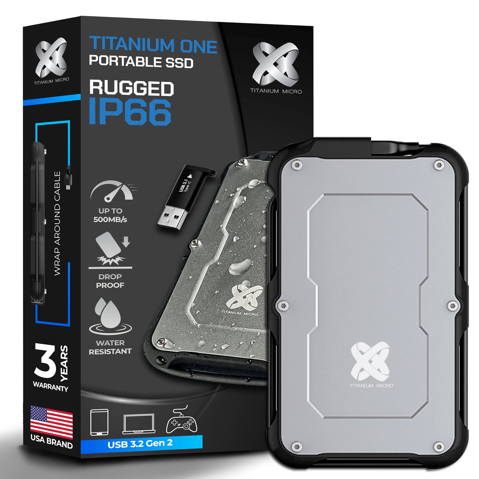 Titanium One Portable External SSD 4TB USB 3.2 Gen 2 IP66 Water/Dust/Shock Proof for PC Laptop Mac Android Game Console