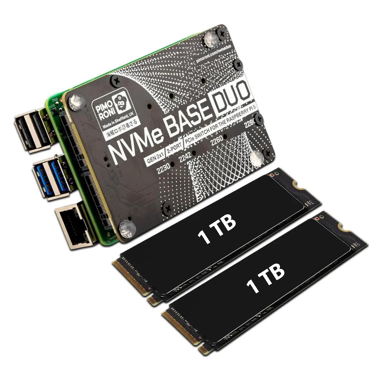 Pimoroni NVMe Base Duo M.2 HAT PCIe Extension w/ (2-Pack) 2TB M.2 2280 Internal Solid State Drive SSD