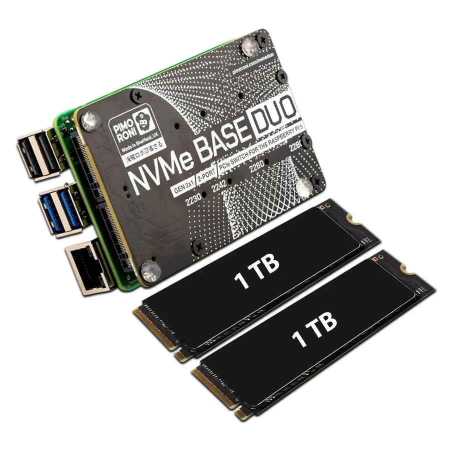 Pimoroni NVMe Base Duo M.2 HAT PCIe Extension w/ (2-Pack) 2TB M.2 2280 Internal Solid State Drive SSD