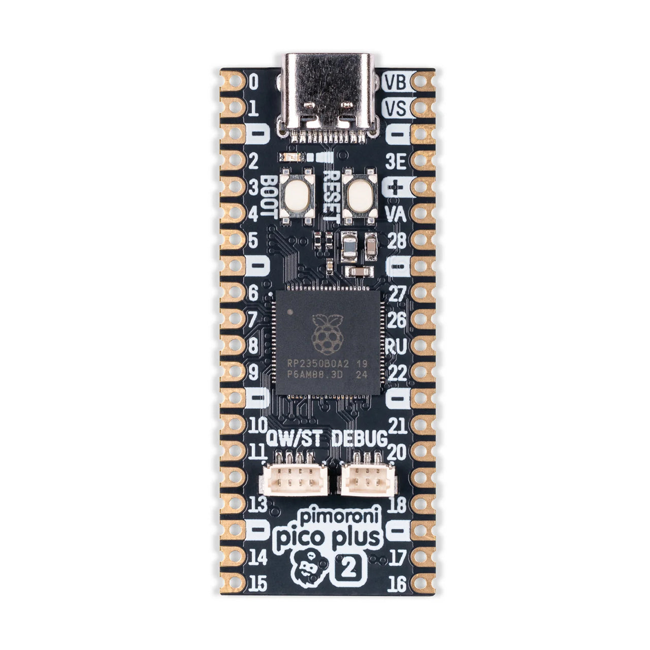Pimoroni RP2350 microcontroller with 16MB of flash memory, 8MB of PSRAM, USB-C, Qw/ST and debug connectors PIM724