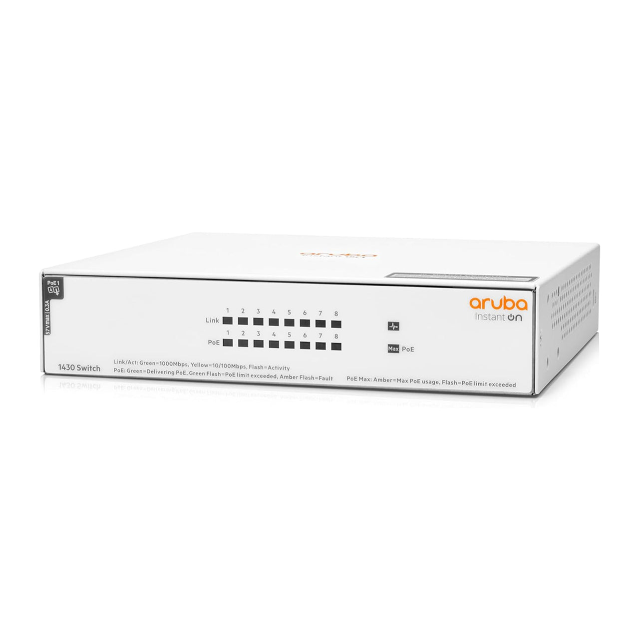 HPE Networking Instant On 1430 8-Port Gb Unmanaged Layer 2 Ethernet Switch with PoE | 8X CL4 PoE (64W) | Fan-Less | US Cord | R8R46A#ABA