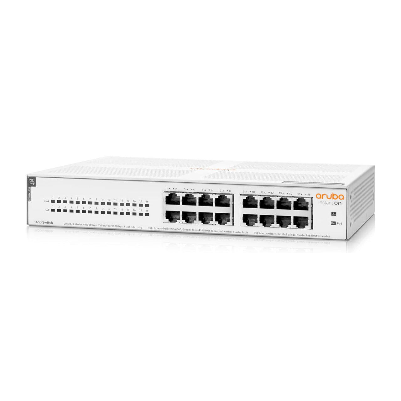 HPE Networking Instant On 1430 16-Port Gb Unmanaged Layer 2 Ethernet Switch with PoE | 16xCL4 PoE (124W) | Fan-Less | US Cord | R8R48A#ABA