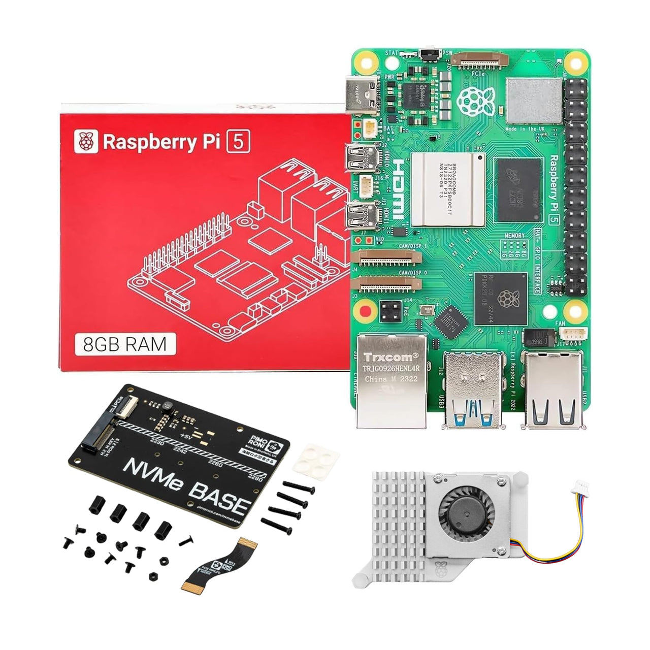 Raspberry Pi 5 8GB Single Board Kit w/ NVMe Base M.2 HAT PCIe Extension and Active Cooler