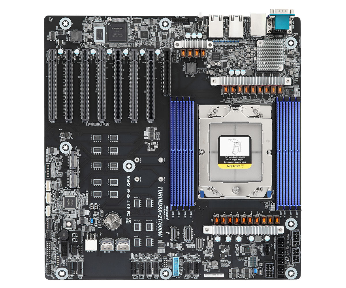 AsRock Rack TURIND8X-2T/500W Single SP5 EEB Motherboard, 500W TDP, AMD EPYC 9005/9004, DDR5, PCIe 5.0, Dual 10GbE