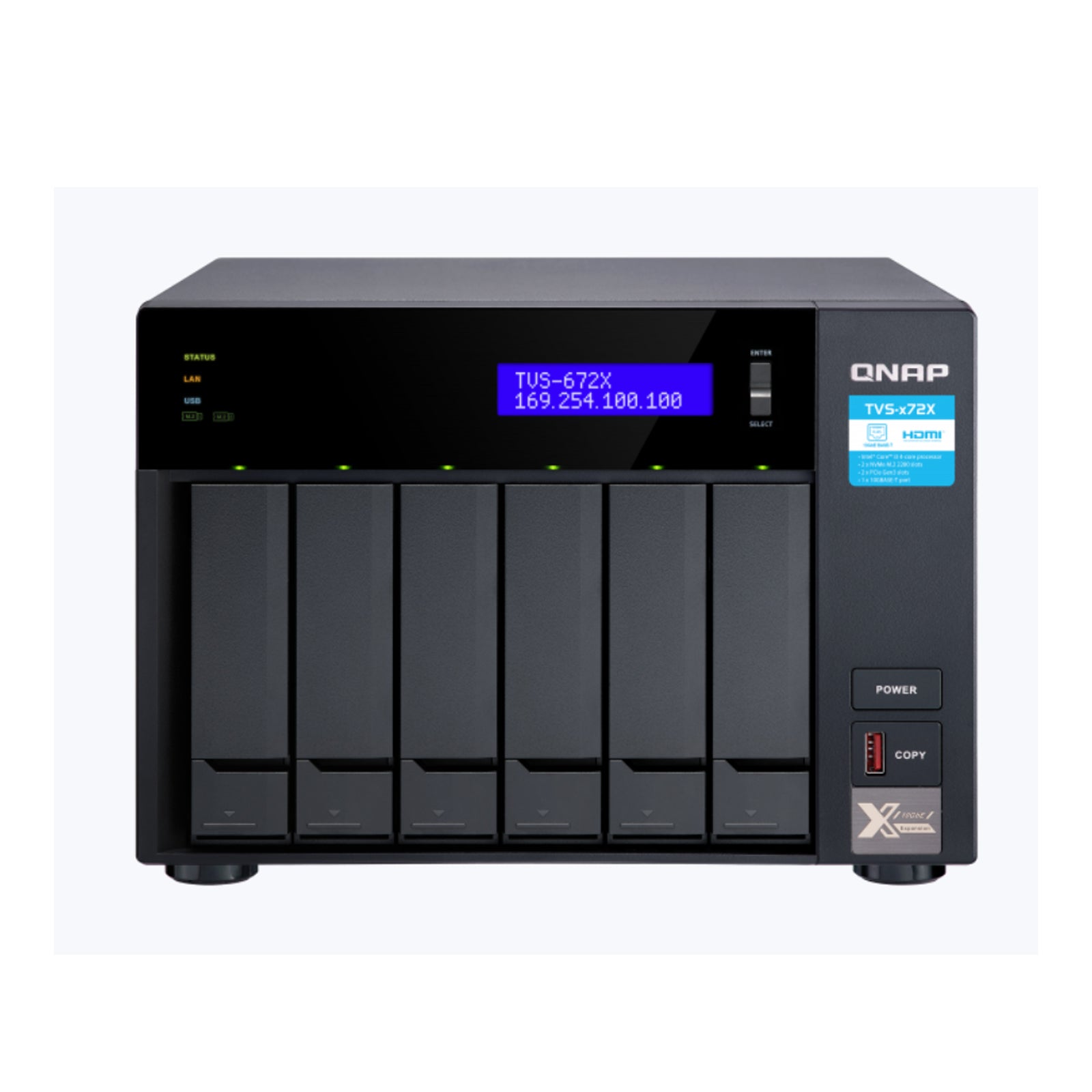 QNAP TVS-672X 6-bay NAS/iSCSI IP-SAN,Intel Core i3-8100T 4-Core 3.1 GHz, 8GB DDR4 RAM, 10GbE*1 (BASE-T), 1GbE*2