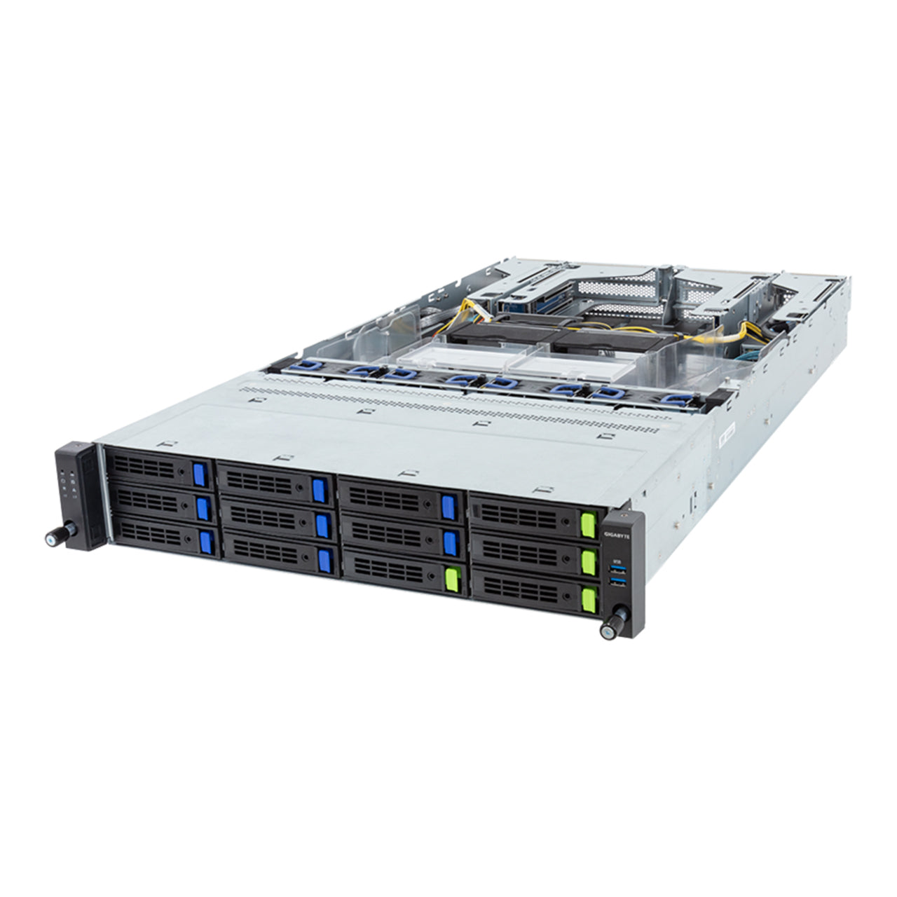 Gigabyte 2U Rack Server Barebone - Intel Gen4/Gen5 Xeon Scalable, Dual CPU, 2x Gen5 GPUs, 12x Gen4 NVMe/SATA/SAS Bays (R283-S93 rev. AAF1)